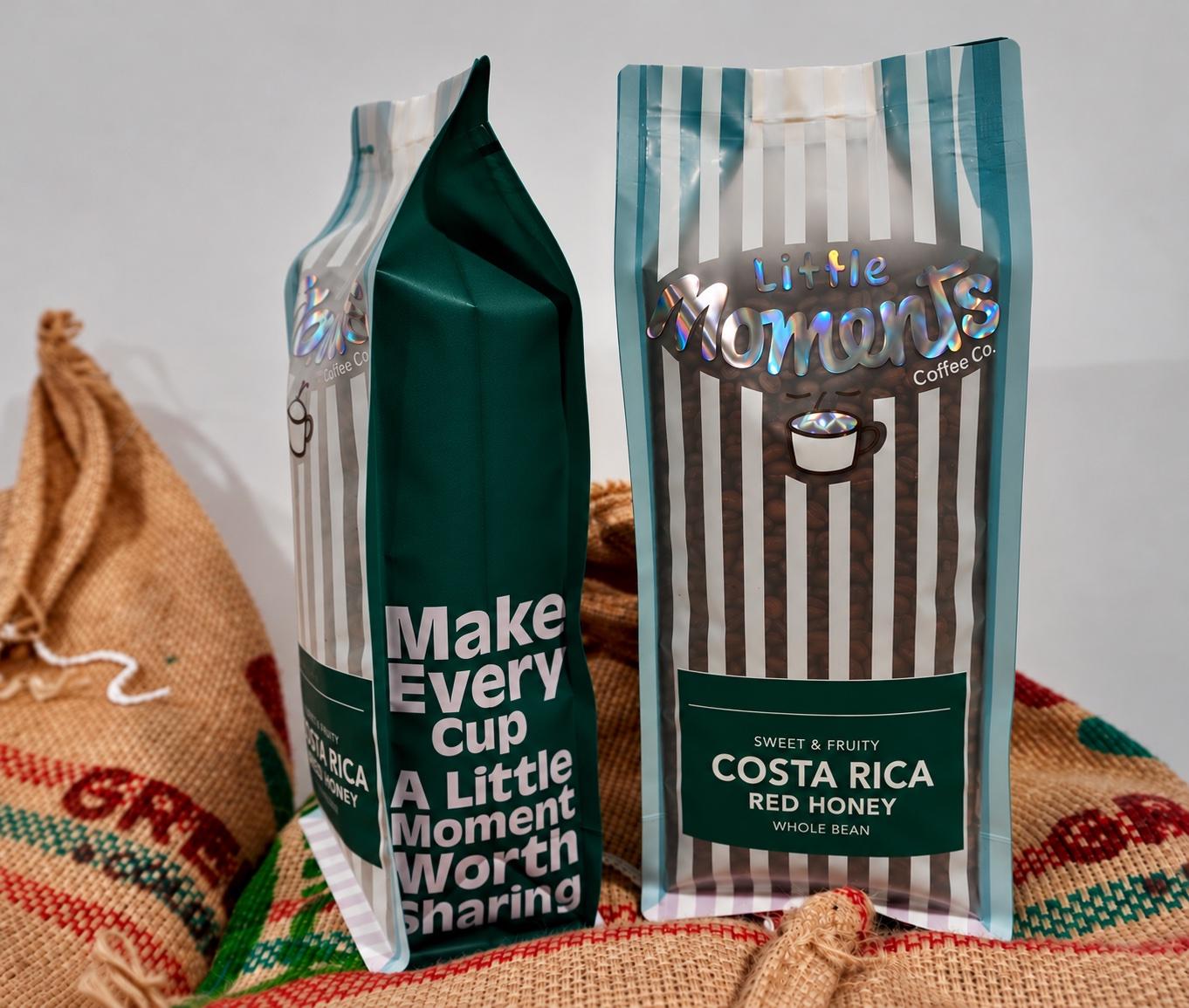 Two bags of Costa Rica Red Honey standing on jute coffee sacks